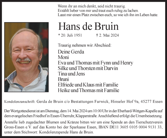 Traueranzeige von Hans de Bruin von Tageszeitung
