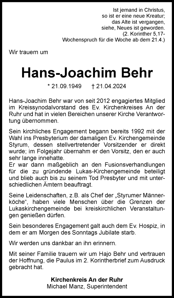  Traueranzeige für Hans-Joachim Behr vom 25.05.2024 aus Tageszeitung
