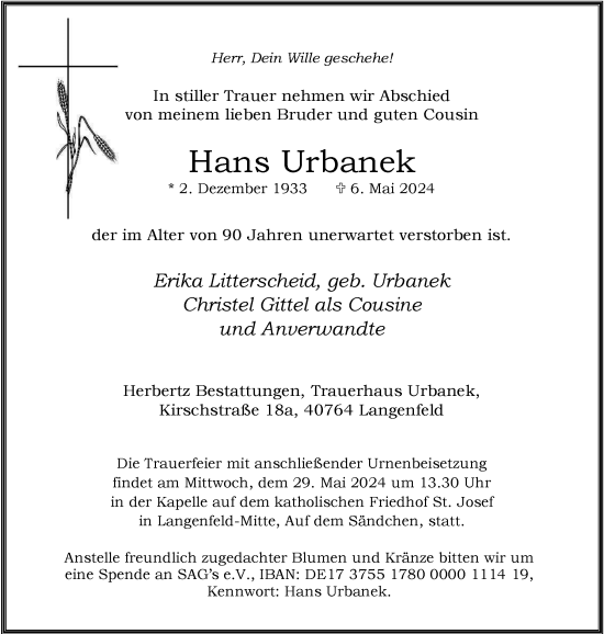 Traueranzeige von Hans Urbanek von Tageszeitung