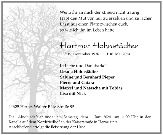 Traueranzeige von Hartmut Hohnstädter von Tageszeitung