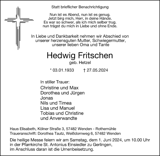 Traueranzeige von Hedwig Fritschen von Tageszeitung