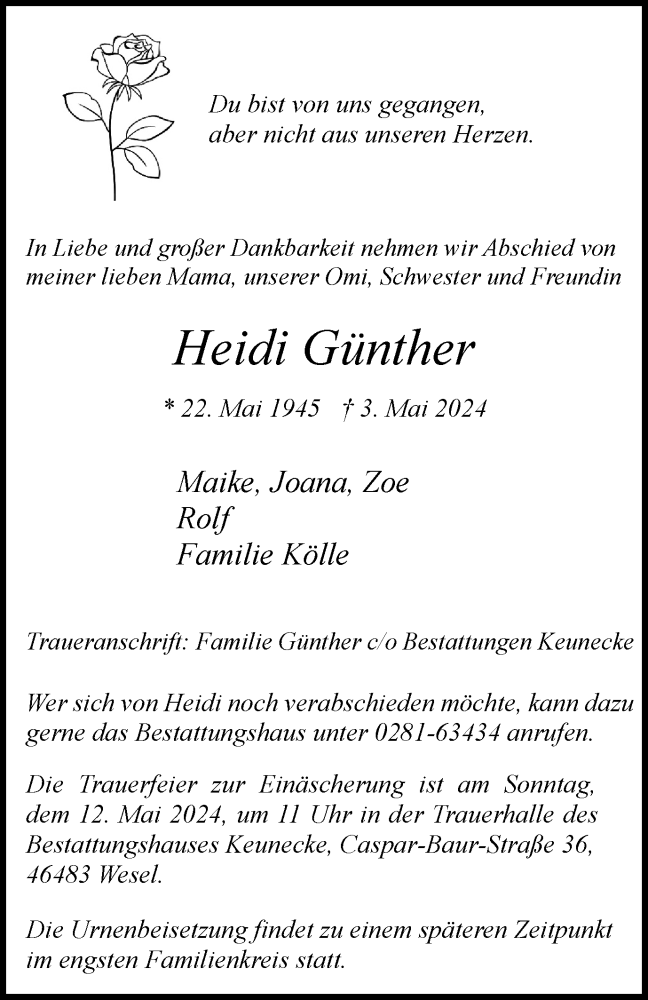  Traueranzeige für Heidi Günther vom 08.05.2024 aus Tageszeitung