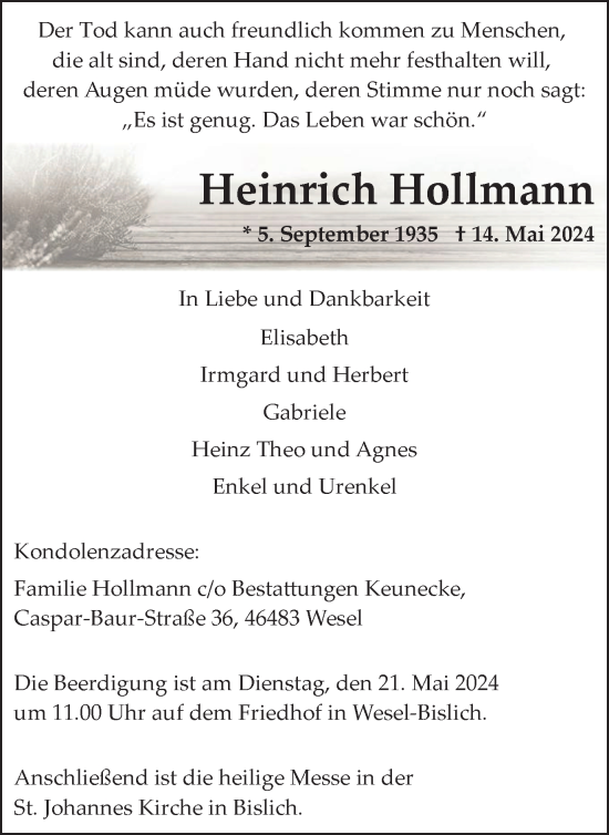 Traueranzeige von Heinrich Hollmann von Tageszeitung