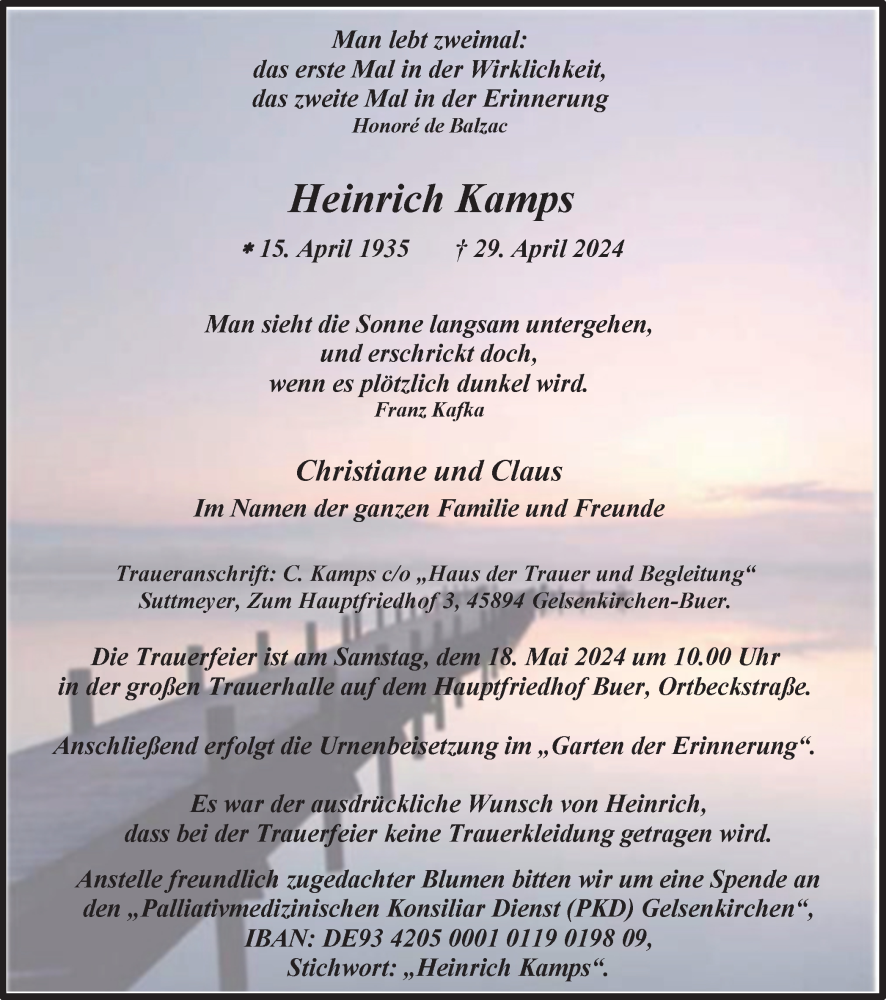  Traueranzeige für Heinrich Kamps vom 11.05.2024 aus Tageszeitung