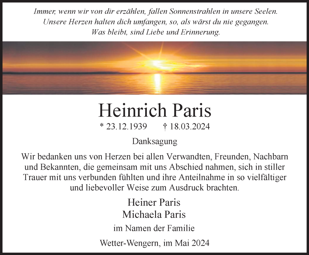  Traueranzeige für Heinrich Paris vom 04.05.2024 aus Tageszeitung