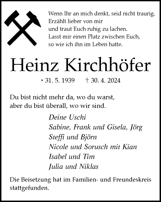 Traueranzeige von Heinz Kirchhöfer von Tageszeitung