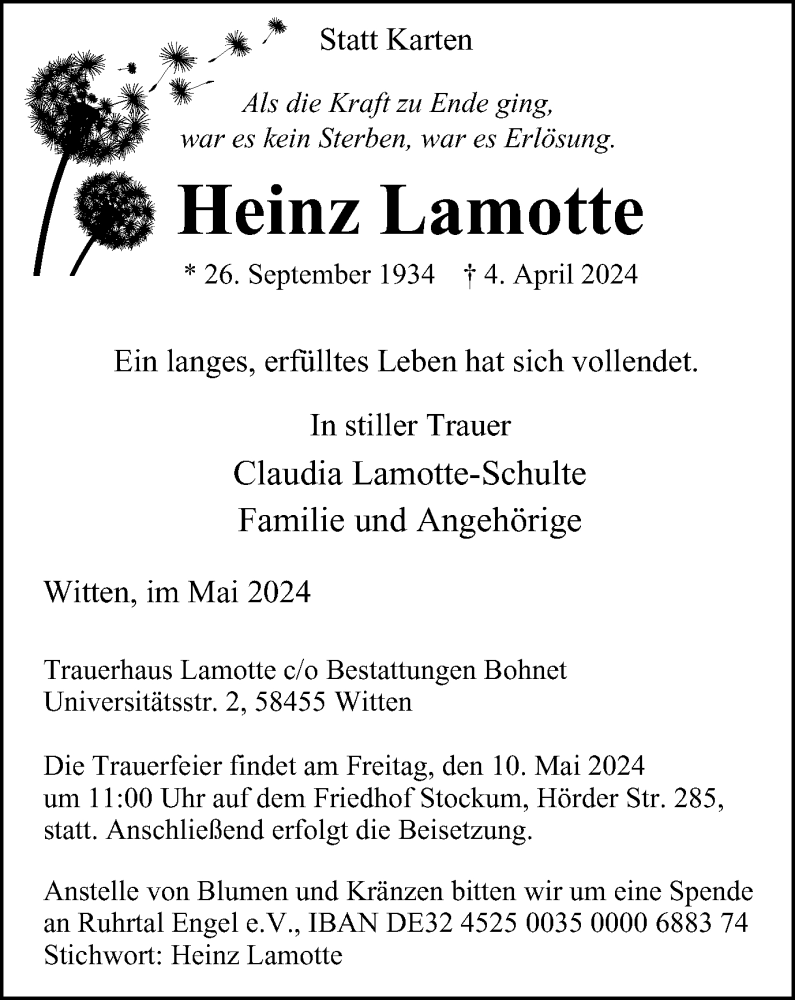  Traueranzeige für Heinz Lamotte vom 04.05.2024 aus Tageszeitung