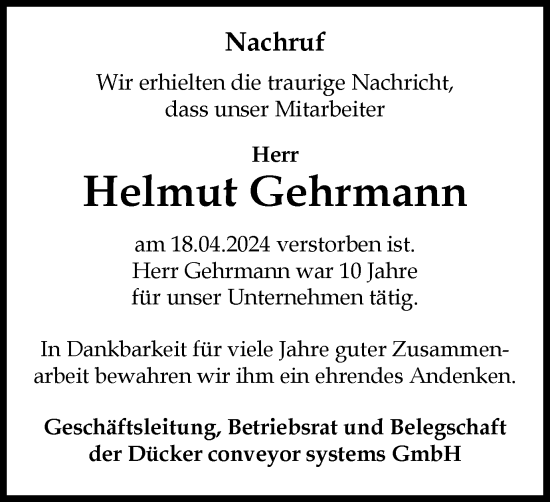 Traueranzeige von Helmut Gehrmann von Tageszeitung