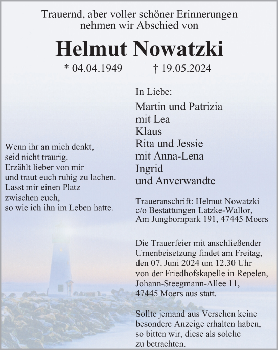Traueranzeige von Helmut Nowatzki von Tageszeitung