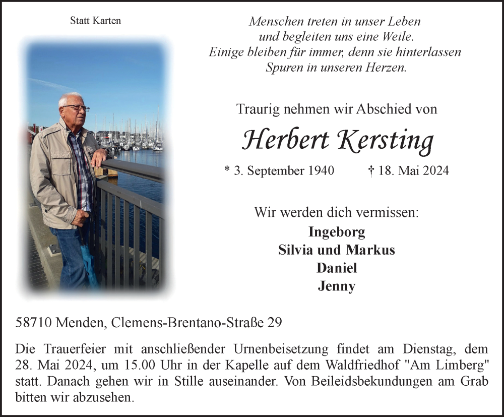  Traueranzeige für Herbert Kersting vom 25.05.2024 aus Tageszeitung