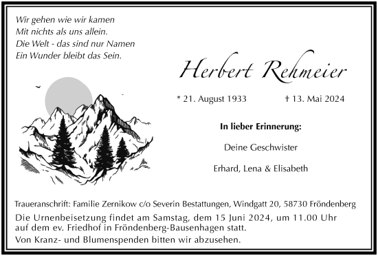 Traueranzeige von Herbert Rehmeier von Tageszeitung