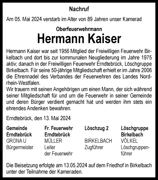 Traueranzeige von Hermann Kaiser von Tageszeitung