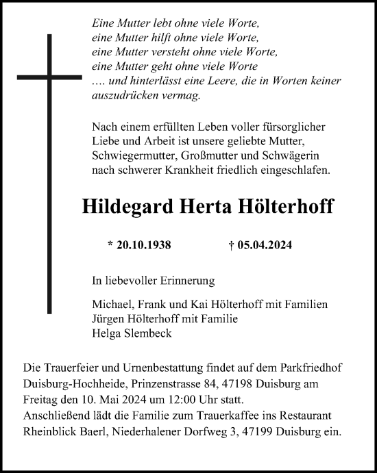 Traueranzeige von Hildegard Herta Hölterhoff von Tageszeitung