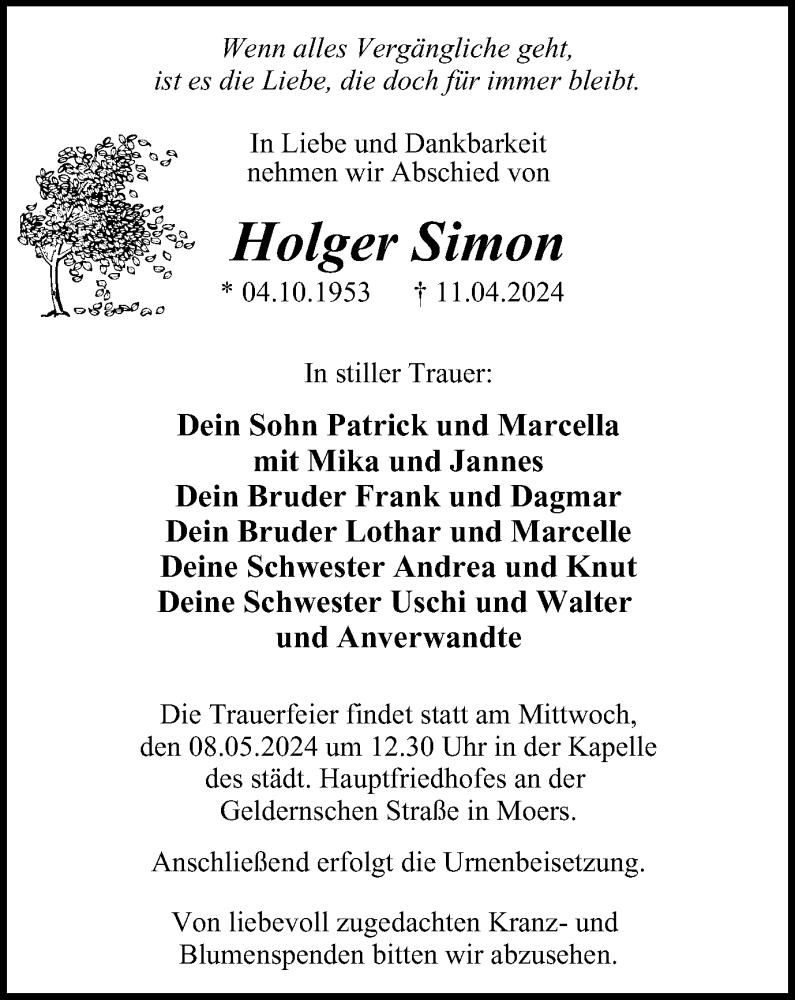  Traueranzeige für Holger Simon vom 04.05.2024 aus Tageszeitung