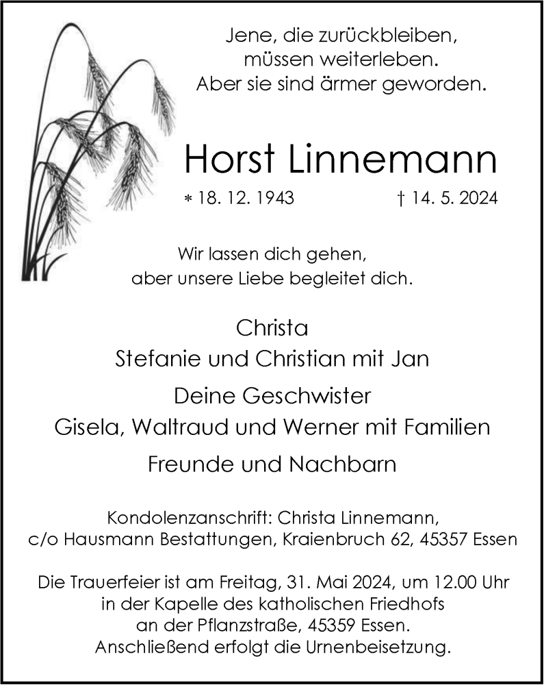  Traueranzeige für Horst Linnemann vom 25.05.2024 aus Tageszeitung
