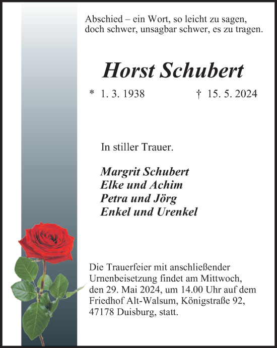 Traueranzeige von Horst Schubert von Tageszeitung