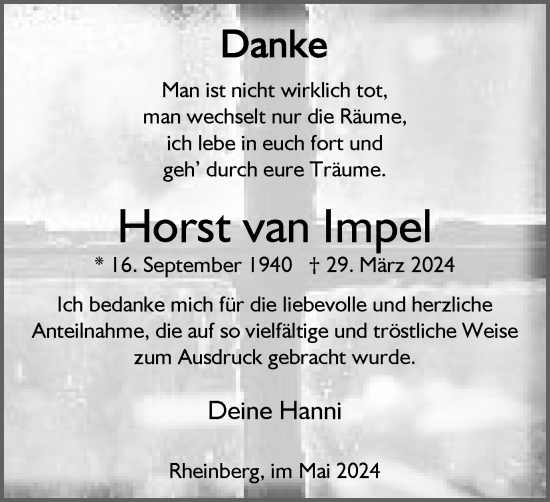 Traueranzeige von Horst van Impel von Tageszeitung