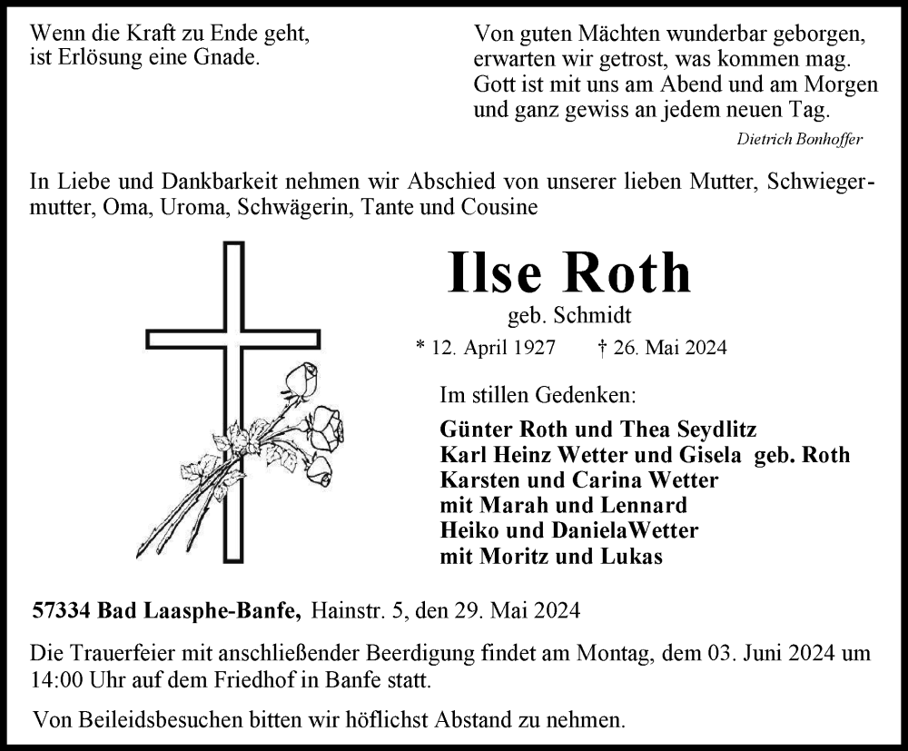  Traueranzeige für Ilse Roth vom 31.05.2024 aus Tageszeitung