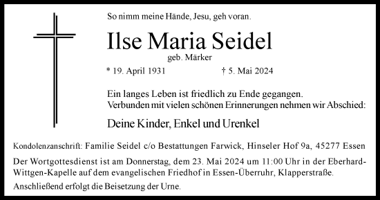 Traueranzeige von Ilse Maria Seidel von Tageszeitung