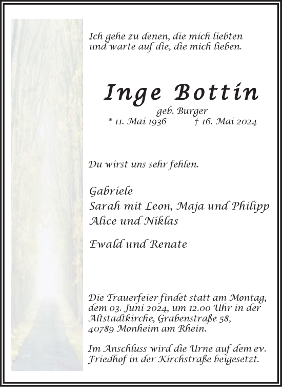 Traueranzeige von Inge Bottin von Tageszeitung