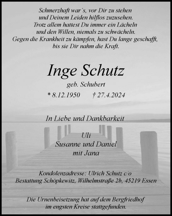 Traueranzeige von Inge Schutz von Tageszeitung
