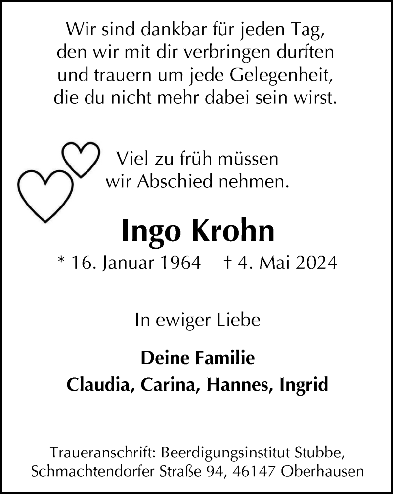  Traueranzeige für Ingo Krohn vom 18.05.2024 aus Tageszeitung