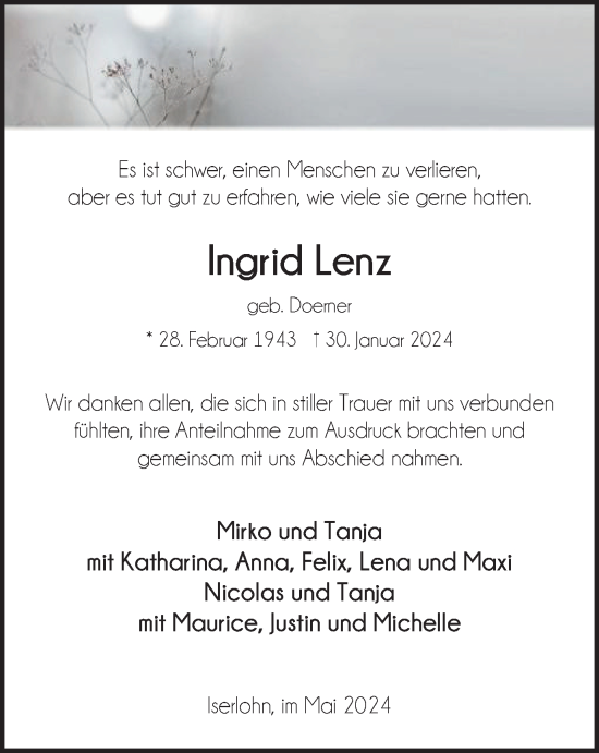Traueranzeige von Ingrid Lenz von Tageszeitung