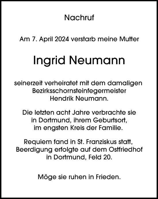 Traueranzeige von Ingrid Neumann von Tageszeitung