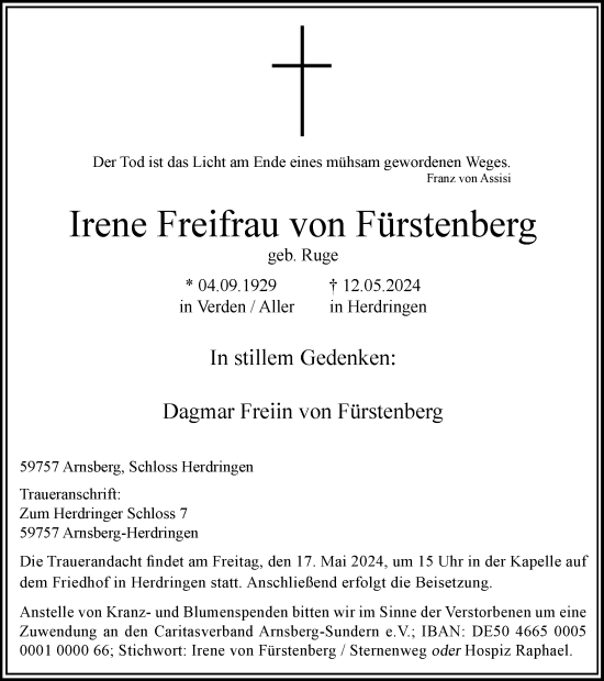 Traueranzeige von Irene  Freifrau von Fürstenberg von Tageszeitung