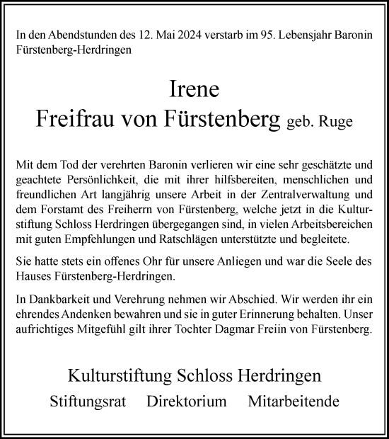 Traueranzeige von Irene  Freifrau von Fürstenberg von Tageszeitung
