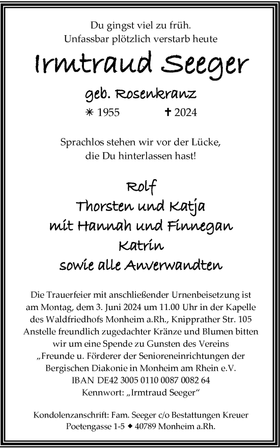 Traueranzeige von Irmtraud Seeger von Tageszeitung