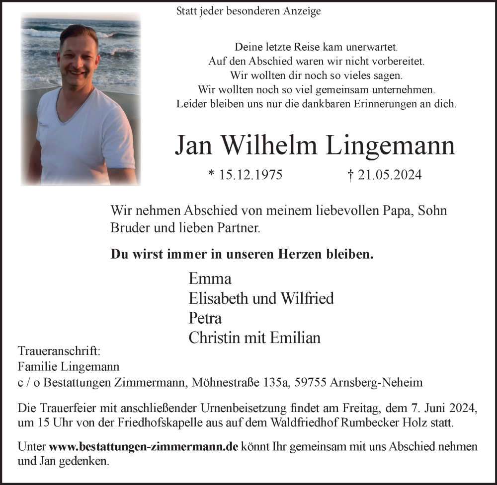  Traueranzeige für Jan Wilhelm Lingemann vom 25.05.2024 aus Tageszeitung