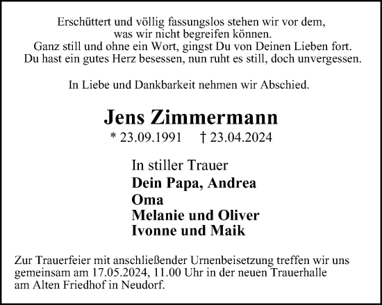 Traueranzeige von Jens Zimmermann von Tageszeitung