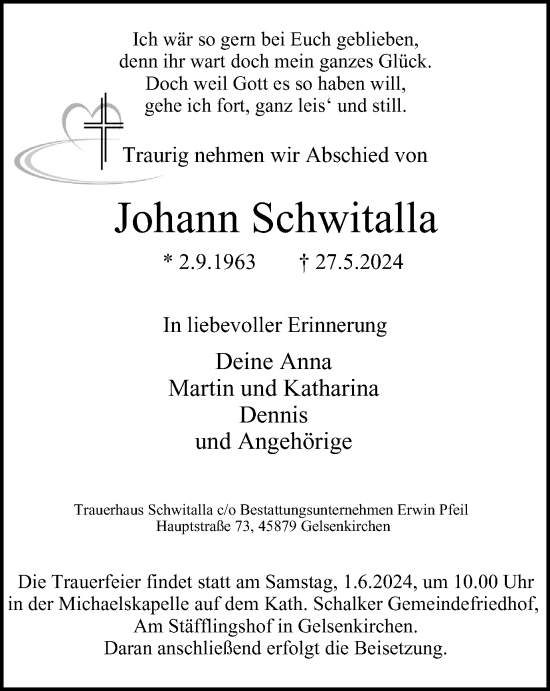Traueranzeige von Johann Schwitalla von Tageszeitung