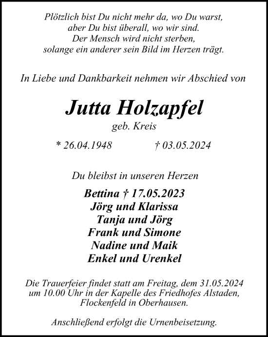 Traueranzeige von Jutta Holzapfel von Tageszeitung