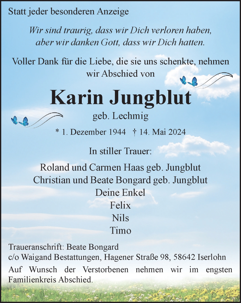  Traueranzeige für Karin Jungblut vom 25.05.2024 aus Tageszeitung