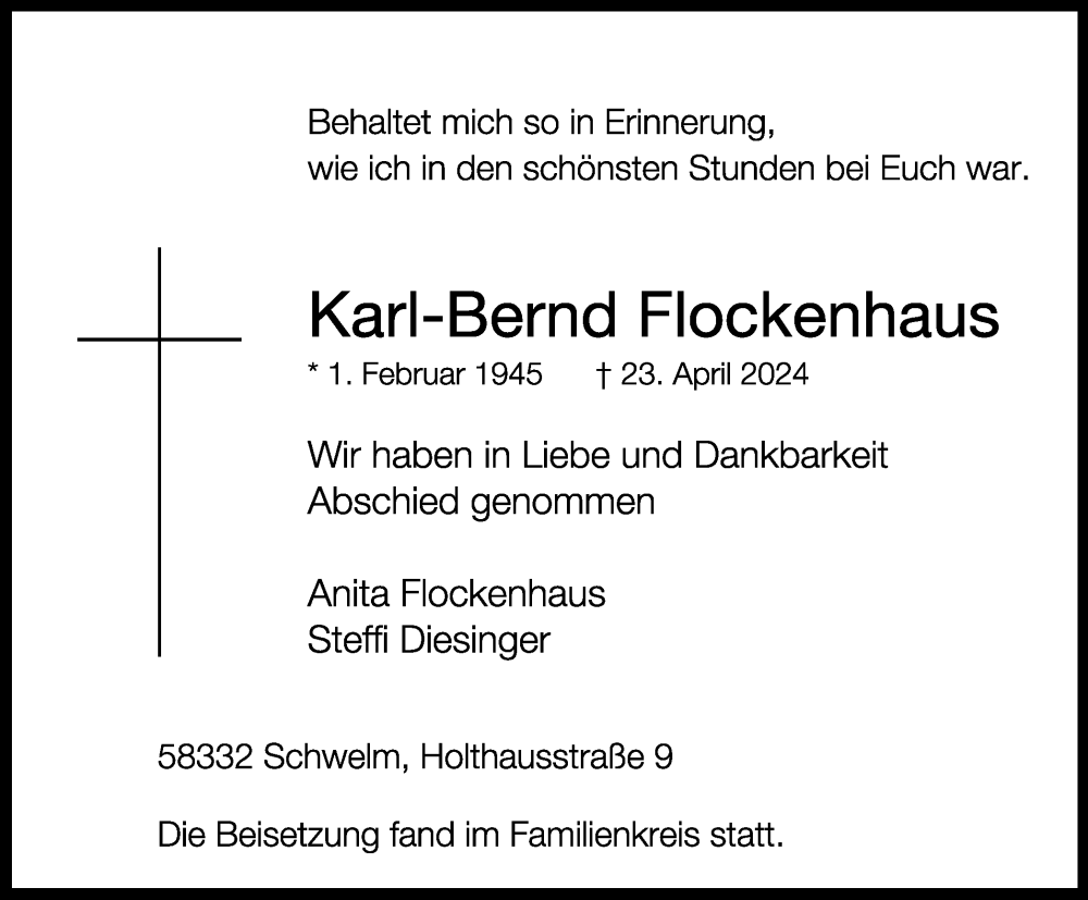  Traueranzeige für Karl-Bernd Flockenhaus vom 07.05.2024 aus Tageszeitung