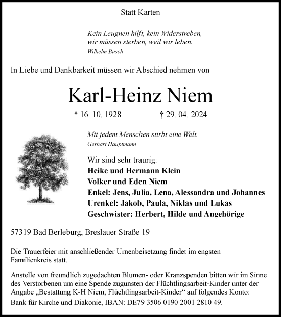 Traueranzeige von Karl-Heinz Niem von Tageszeitung