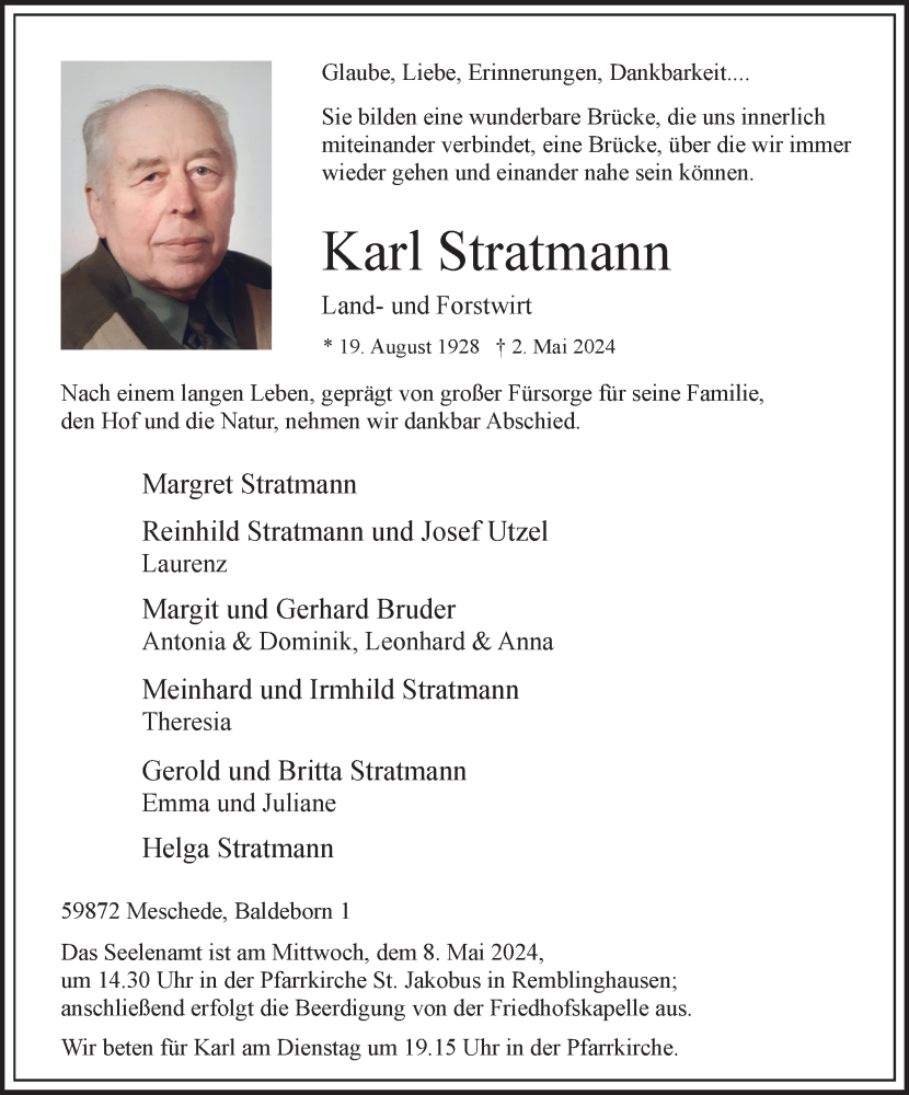  Traueranzeige für Karl Stratmann vom 04.05.2024 aus Tageszeitung