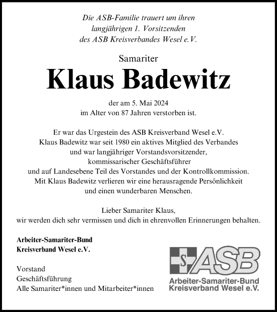 Traueranzeige von Klaus Badewitz von Tageszeitung