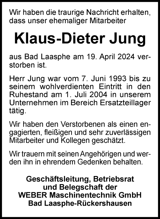 Traueranzeige von Klaus-Dieter Jung von Tageszeitung