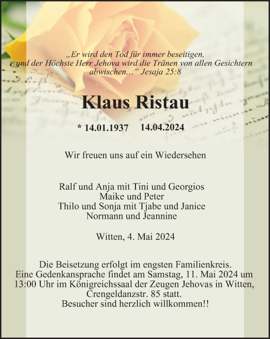 Traueranzeige von Klaus Ristau von Tageszeitung