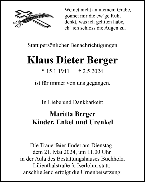 Traueranzeige von Klaus Dieter Berger von Tageszeitung