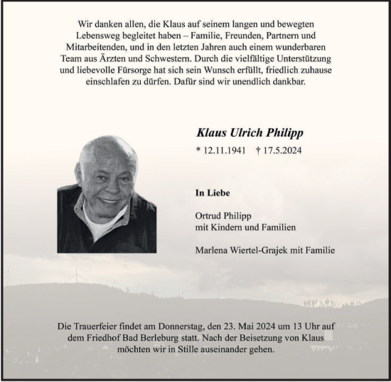 Traueranzeige von Klaus Ulrich Philipp von Tageszeitung