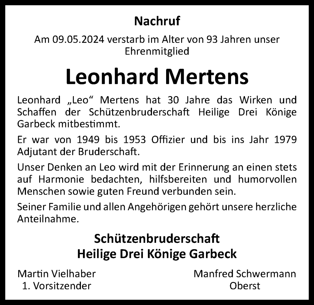  Traueranzeige für Leonhard Mertens vom 25.05.2024 aus Tageszeitung