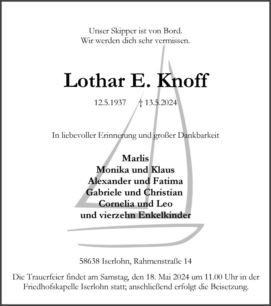  Traueranzeige für Lothar Knoff vom 16.05.2024 aus Tageszeitung