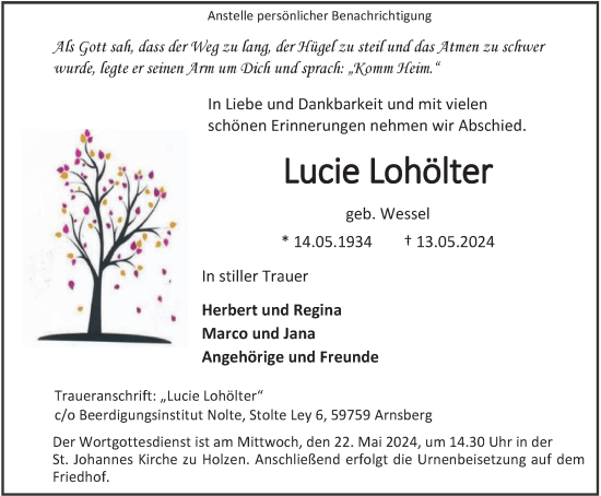 Traueranzeige von Lucie Lohölter von Tageszeitung