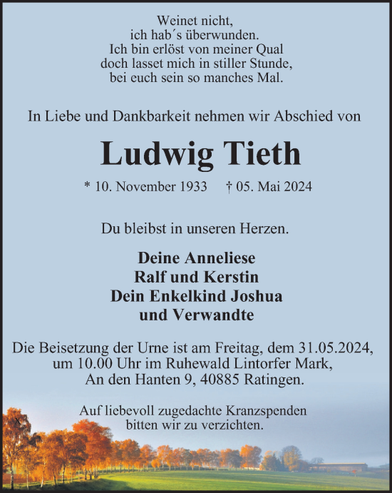 Traueranzeige von Ludwig Tieth von Tageszeitung
