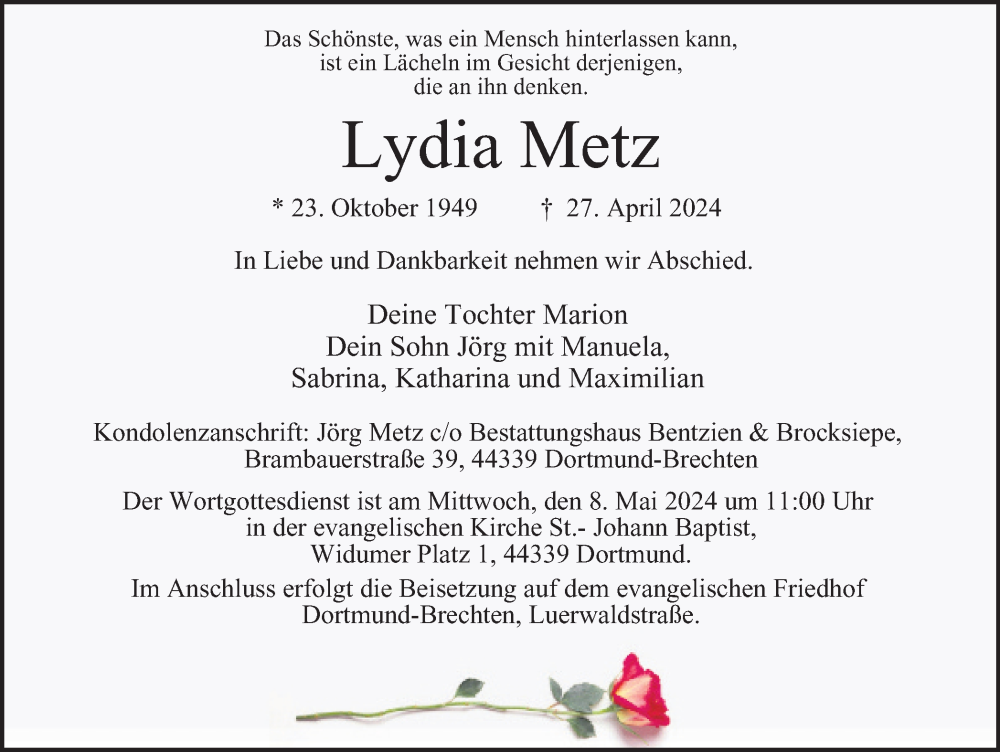  Traueranzeige für Lydia Metz vom 04.05.2024 aus Tageszeitung