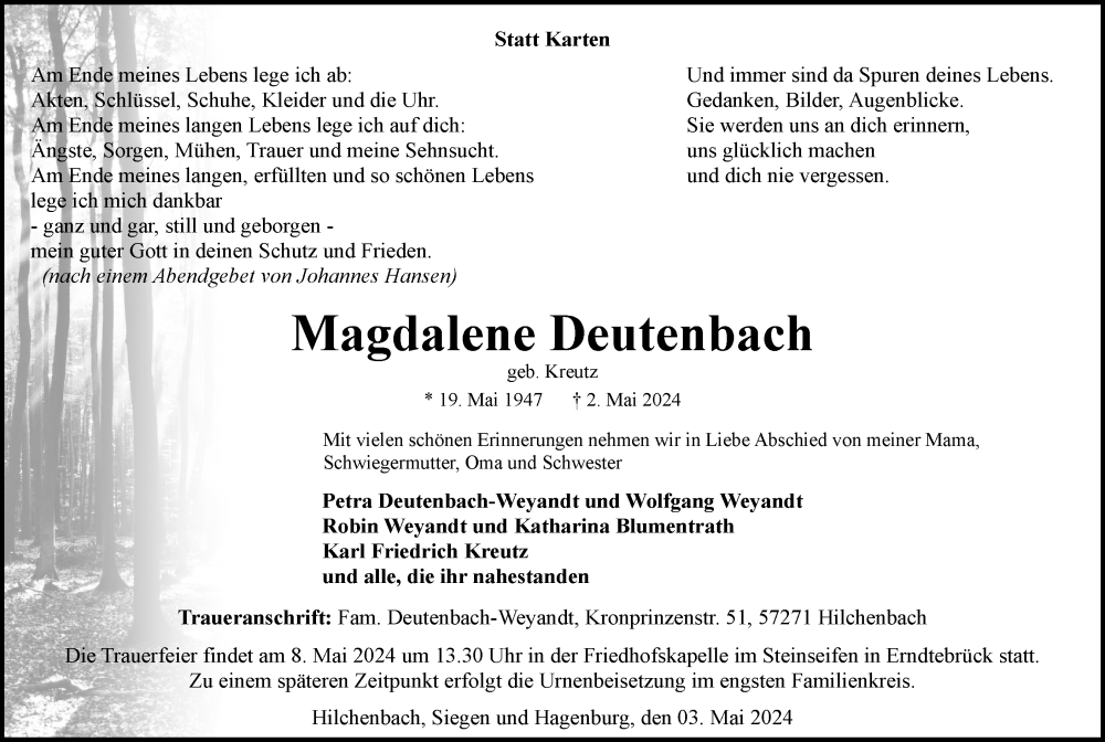  Traueranzeige für Magdalene Deutenbach vom 04.05.2024 aus Tageszeitung